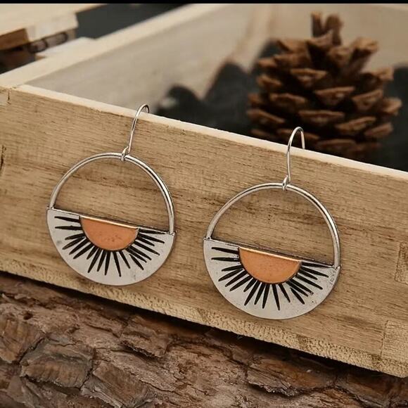 Bohemian Semicircle Shape Sun Pattern Dangle Earrings| Unique Boho Gift - Picture 3 of 5